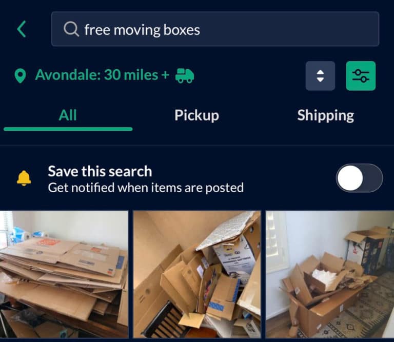 Screenshot of free moving boxes on OfferUp